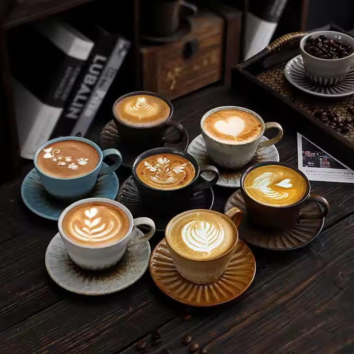 Wholesale Custom logo 4oz Vintage Porcelain Cappuccino Coffee Mug Ceramic Clay Cups and Saucers with Handle for Business Gifts