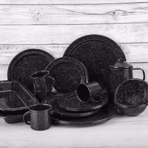 Outdoor Picnic Camping Custom logo Printed Black Speckled Color Kitchen Tableware Bowl and Plate Enamel Metal Camping Set
